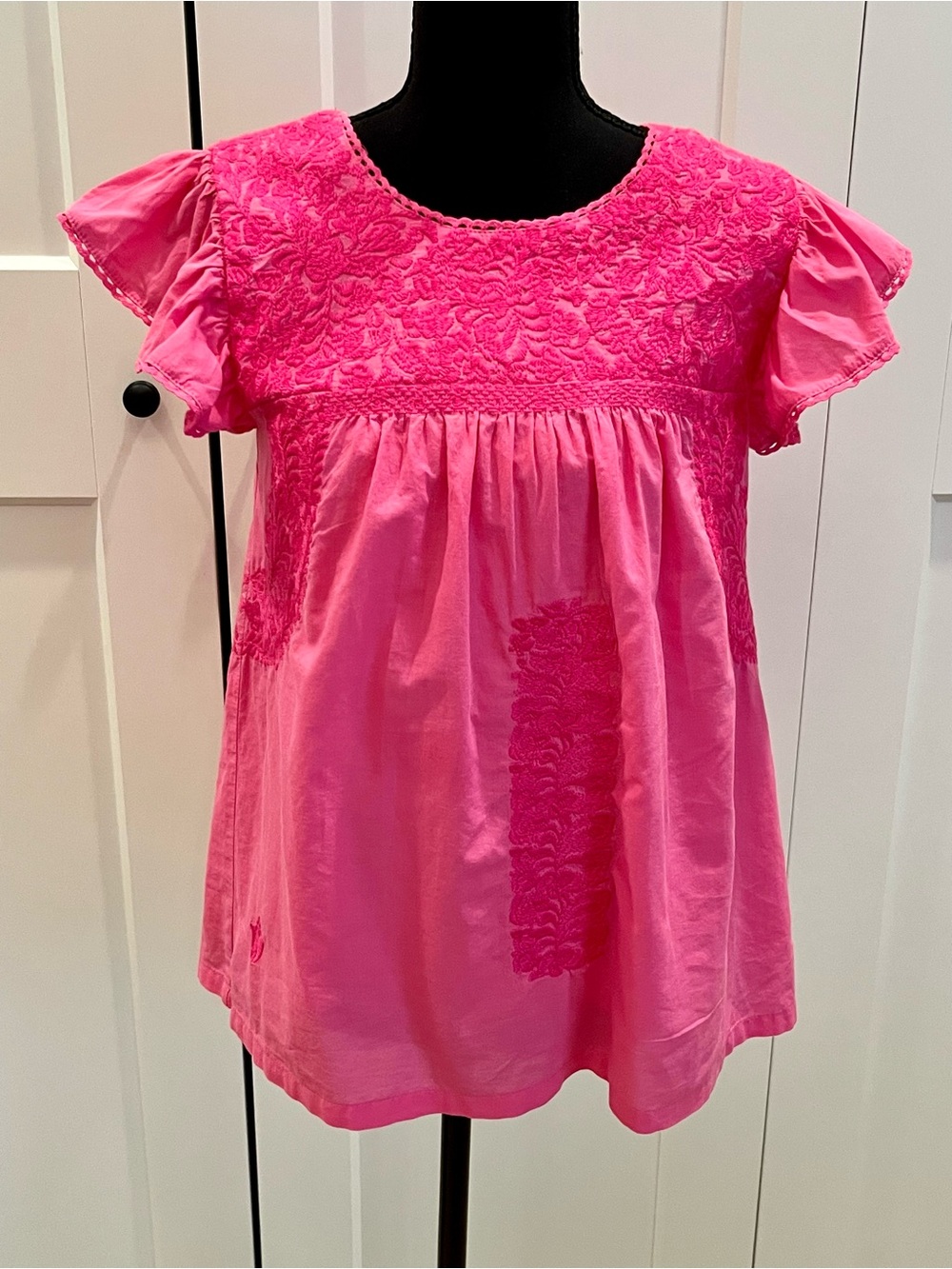 j. marie Bright Pink Embroidered Babydoll Top Barbiecore Bohemian Colorful Sz S